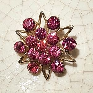 Vintage Deep pink fushia crystal Starburst brooch pin #madmen